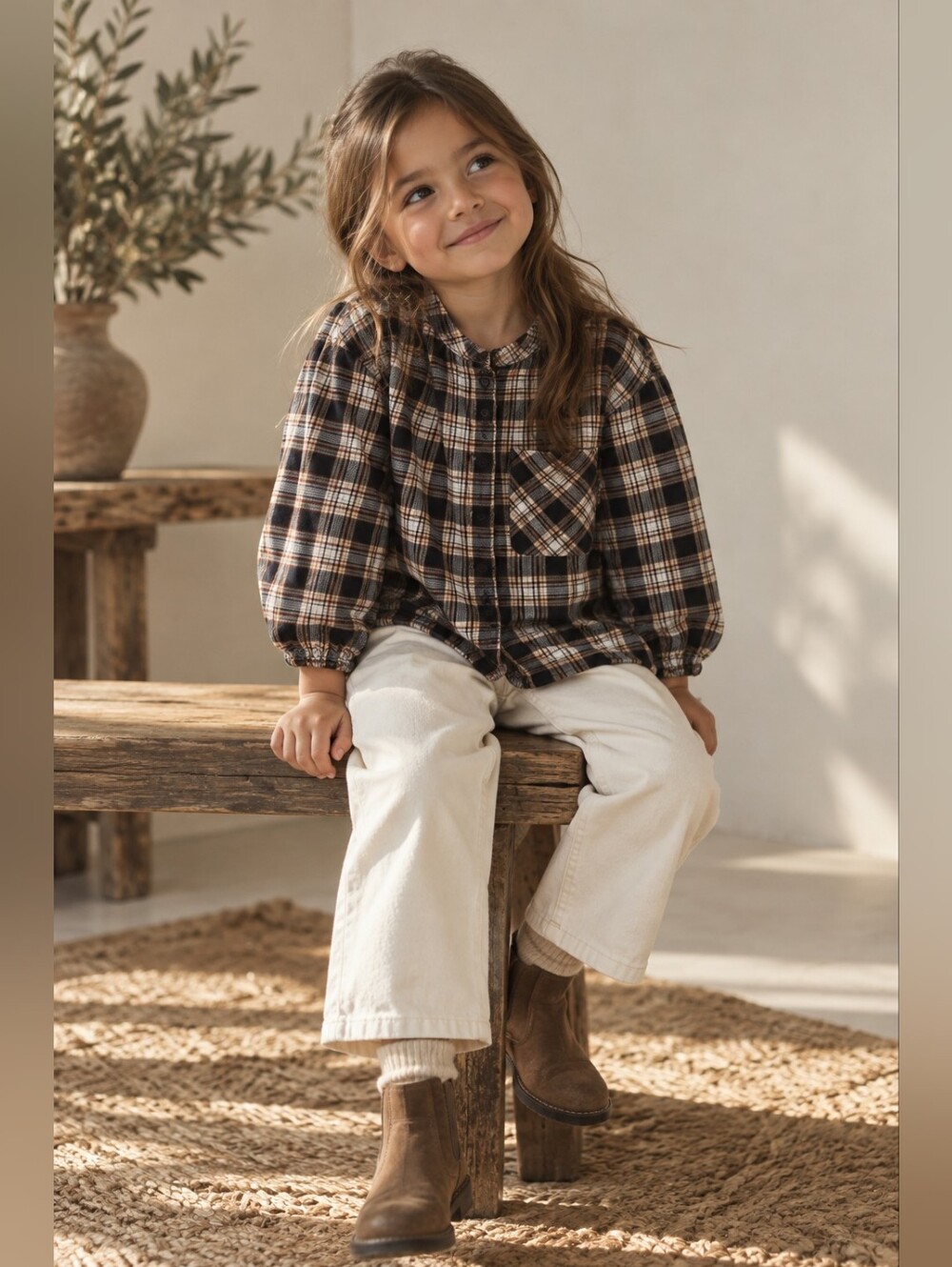Zara Girls Plaid Button Front Shirt Size 5 110 Black Beige Grunge Academia